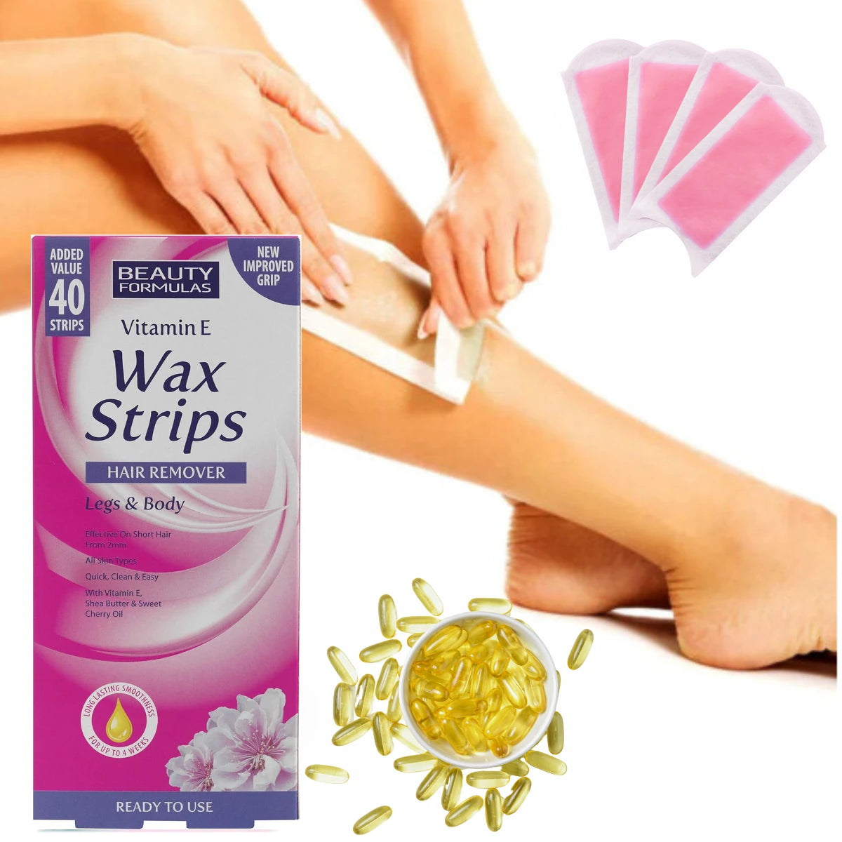 Beauty Formulas Vitamin E Wax Strips Hair Remover Legs and Body 20Pcs