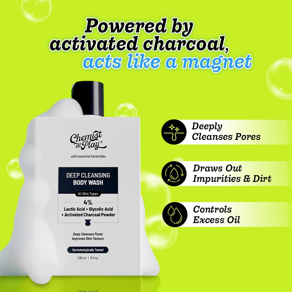 Chemist at Play Deep Cleansing Body Wash 4% Lactic Acid + Glycolic Acid + Activated Charcoal Powder - 236ml