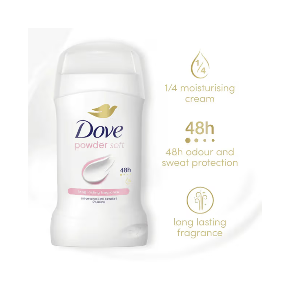 Dove Powder Soft Moisturising 48h Anti-Perspirant Underarm Deodorant Stick - 40g
