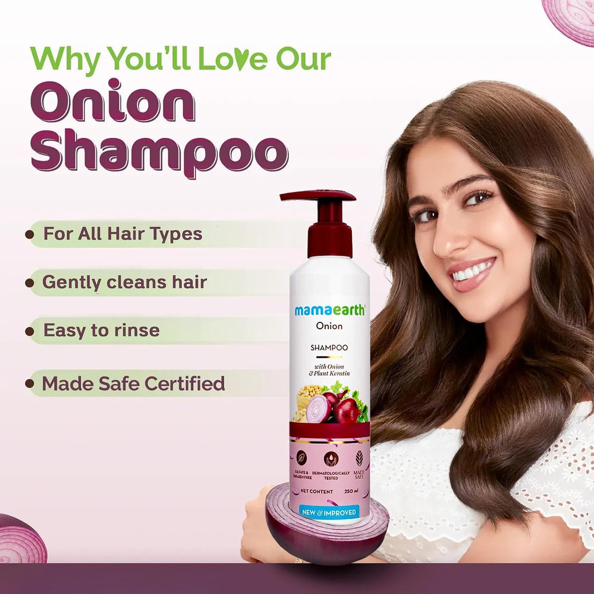 Mamaearth Onion Shampoo For Hair Growth & Hair Fall Control with Onion Oil & Plant Keratin - 250ml